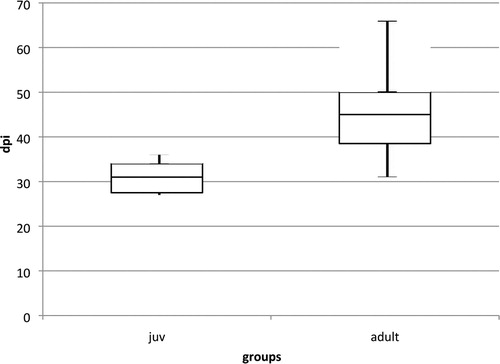 Figure 6. Box plot diagram showing the first detection of PaBV-RNA in combined crop and cloacal swabs of cockatiels after infection with PaBV-4 in different age groups (juvenile average: 31 dpi, min: 27 dpi, max: 36 dpi; adult average: 45 dpi, min: 31 dpi, max: 66 dpi). The juvenile group started shedding earlier and more homogenously, which was highly significant (P = 0.0011). One outlier in the juvenile group (first detection at 52 dpi) was excluded from the diagram.