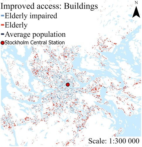 Figure 7. Buildings lacking access in 2019 that will have gained access to public transport by 2035. The figure shows central areas in Stockholm City