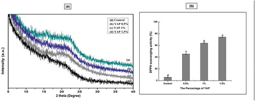 Figure 5. (a) XRD spectra of pectin films containing different percentage of Young apple polyphenols (YAP). (b) DPPH scavenging of pectin ﬁlms incorporated with YAP (results with different letters are significantly different (p < 0.05).Figura 5. (a) Espectros XRD de películas de pectina que contienen diferentes porcentajes de polifenoles de manzana joven (YAP). (b) Eliminación de DPPH de películas de pectina a las que se incorporó YAP (los resultados con letras diferentes son significativamente diferentes (p < 0.05).