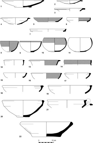 Fig. 15: Main ceramic types of Stratum 11: 1-5, 7-21) bowls; 6) Phoenician Bichrome bowl; 22) mortarium (for parallels, see Fig. 58 in Supplementary Material 3)