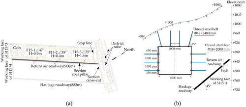 Figure 1. Layout and support section of the roadway: (a) relationship between the roadway layout and fault location and (b) roadway position and support section.