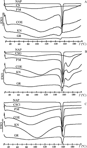FIG. 1.  Differential scanning calorimetry (DSC) curves of 70:30 w/w binary systems of naproxen (NAP) with (A) chitosan (CS), (B) chitosan glutamate 113 (CSG), and (C) chitosan hydrochloride 113 (CSCl). Key: PM = physical mixture; COE = coevaporated; KN = kneaded; GR = coground.