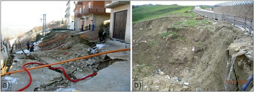 Figure 1. Examples of infrastructures damaged by landslides in the urban area of Volturino (a) and Motta Montecorvino (b).