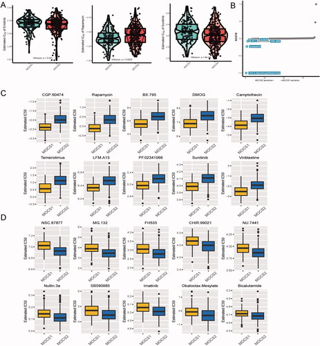 Figure 6. Difference in therapeutic sensitivity between MOCS1 and MOCS2 among different drug-related databases. (A) Box violin plots for the estimated IC50 of erlotinib, rapamycin and sunitinib between MOCS1 and MOCS2. (B) Potential agents efficacious for inferior subtype MOCS2. (C) Different IC50 values of clinical or preclinical agents sensitive to MOCS1 and (D) MOCS2.