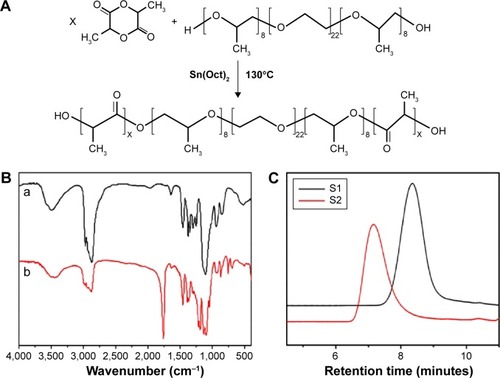 Figure 1 Synthesis and characterization of PLA-10R5-PLA copolymer.Notes: (A) Synthesis scheme of the PLA–10R5–PLA block copolymer; (B) FTIR spectrum (KBr) of reverse pluronic®10R5 (a) and copolymer S1, PLA–10R5–PLA, Mn=4.6×103 (b); (C) GPC curves of the prepared PLA–10R5–PLA block copolymers, S1, Mn=4.6×103, S2, Mn=19.8×103.Abbreviations: PLA, polylactic acid; 10R5, reverse Pluronic®10R5; FTIR, Fourier transform infrared spectroscopy; GPC, gel permeation chromatography; Mn, number-average molecular weight; Sn(Oct)2, stannous octoate.