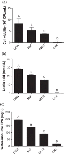 Figure 3. Biofilm disruption by short-term treatment with GH12. (a) viability of S. mutans within treated biofilms measured by CFU counts. (b) lactic acid production of treated S. mutans biofilms measured by the colorimetric method. (c) the water-insoluble EPS amount of treated S. mutans biofilms measured by the anthrone method. Data are shown as the mean with SD (n = 12); different letters indicate significantly different from each other (P < 0.05) (ANOVA; comparison for pairs using the Tukey HSD test).