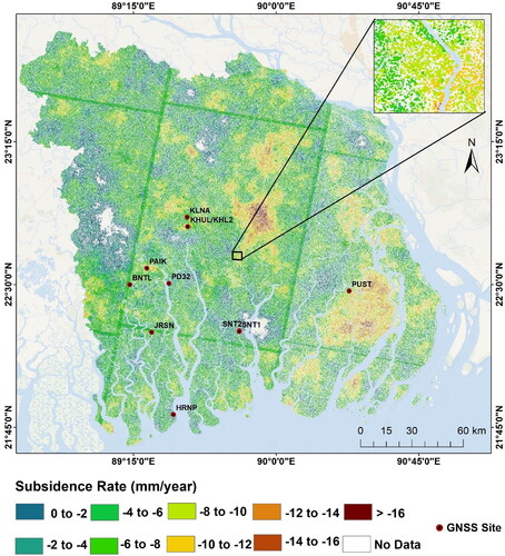 Figure 4. Map showing the rate of land subsidence for only coherent pixels in the study area. The map also displays the locations of the GNSS stations that were utilized for validation. Service layer source: ESRI, Garmin, GEBCO, NOAA, and other contributors.