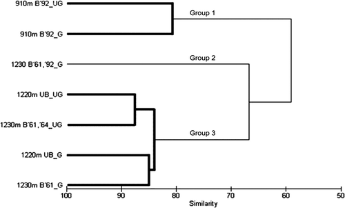 Figure 4  Dendrogram from cluster analysis of species composition in the six study plots on the Old Man Range. Groups of plots with significantly dissimilar species composition (p<0.05), are shown in bold; the remainder are non-significantly dissimilar Plots are identified by: altitude (m); unburned (UB) or burned (B) with year(s); and grazed (G) or ungrazed (UG).