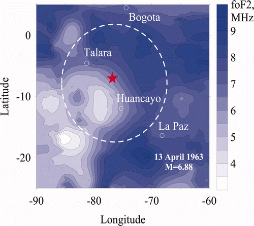 Figure 1. F region peak plasma frequency foF2 spatial distribution a few days prior to low-latitude earthquake M = 6.88 occurred on 13 April 1963 at 02:21 UT with the epicentre position ϕ = 6.3° S, λ = 76.7° W (I = +11°) shown by asterisk. Available in colour online.