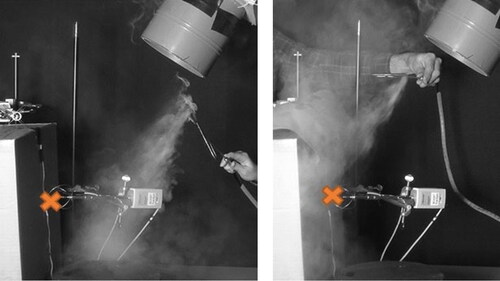 Figure 3. Visualization of the air stream caused by the PV system. Left: smoke supplied from the front, Right: smoke supplied from the back. Orange cross: breathing zone.