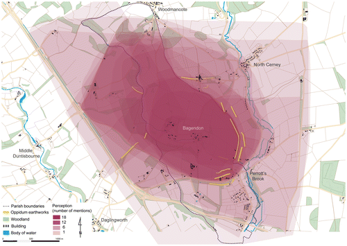 Figure 2. Perception map of Bagendon landscape [including Bagendon parish boundaries] (copyright: T.Moore & J.Vidal, with permission. Base map data: Crown copyright. An Ordnance Survey/ Edina supplied service).