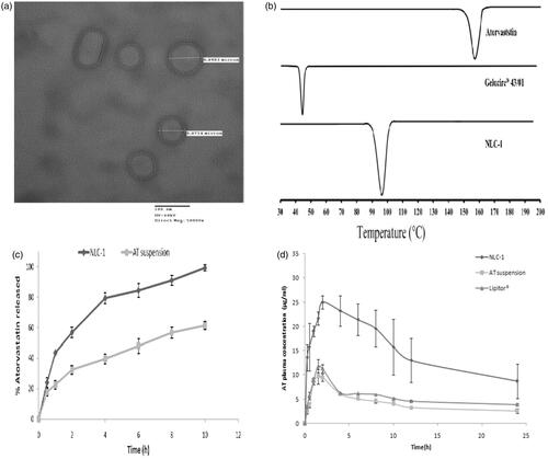 Figure 1. (a) TEM image of optimized NLC-1, (b) DSC thermograms of AT, Gelucire® 43/01and lyophilized NLC-1, (c) in vitro release profiles of (▪) AT suspension and (♦) NLC-1 in phosphate buffer pH 6.8, and (d) average plasma concentration vs. time profiles following single oral administration of NLC-1(♦), AT suspension (▪) and (▴) commercial product.