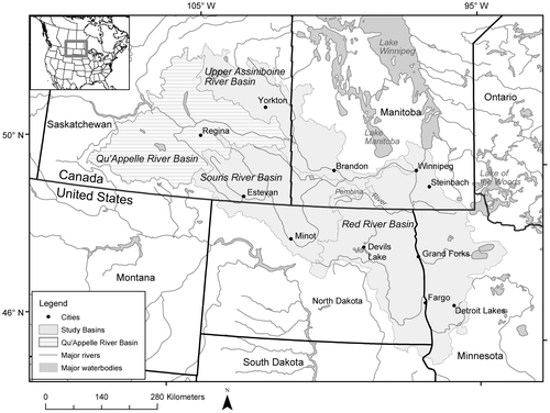 Figure 1. Spatial domain of the Red—Assiniboine River Basin (RARB) SPARROW total phosphorus (TP) and total nitrogen (TN) models.