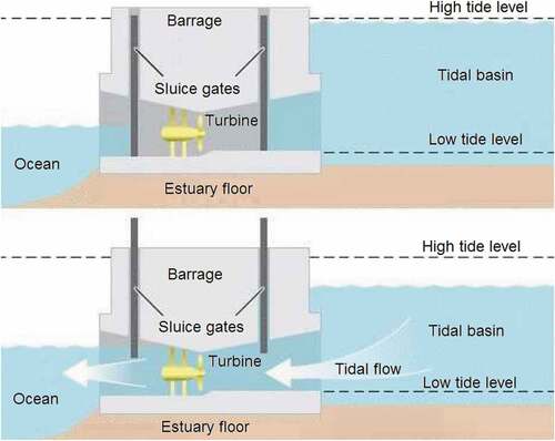 Figure 9. Operational process of a tidal barrage (International Renewable Energy Agency, Citation2014)