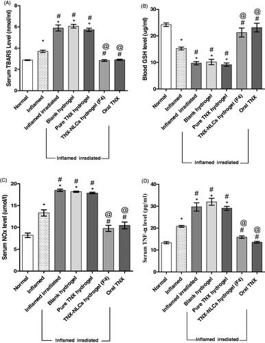 Figure 8. Effect of tenoxicam-nanostructured lipid carriers (TNX-NLCs) hydrogel on (A) the serum level of thiobarbituric acid reactive substances (TBARS, mmol/l), (B) the blood level of reduced glutathione (GSH, mg/ml), (C) total nitrate/nitrite (NOx, µmol/l) and (D) tumor necrosis factor-alpha (TNF-α, pg/ml) in inflamed irradiated rats. Statistical analysis was carried out by one-way ANOVA test. All values were expressed as mean ± s.e.m (n = 6). *Denotes statistical significance at p < .05 vs normal group. #denotes statistical significance at p < .05 vs inflamed group. @denotes statistical significance at p < .05 vs inflamed irradiated group.