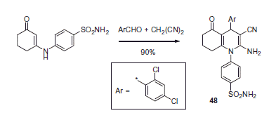 Scheme 18. Synthesis of 2-aminonicotinonitrile 48 via a Hantzsch-type reaction.