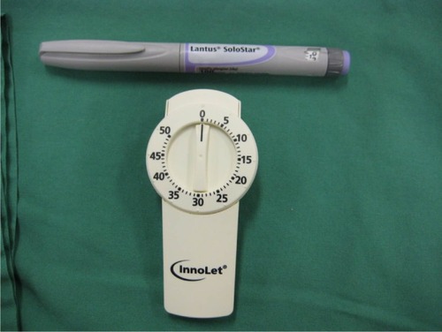 Figure 1 Innolet® pen device with a large dose selector dial for people with impaired vision or dexterity (bottom) compared with a more standard pen (Lantus®) device (top).