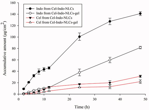 Figure 10. In vitro permeation profiles of Cel and Indo from Cel-Indo-NLCs and Cel-Indo-NLCs-gel through excised skins of rats.