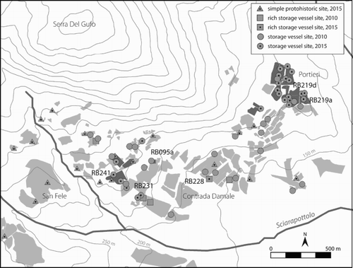 Figure 3. Metal Age site classes in the Contrada Damale and Portieri areas. RAP survey areas are indicated in light grey, RLPI resurvey areas in dark grey. Sites mentioned in the text are labeled.
