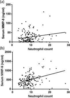 Figure 5.  Serum MMP-8 and -9 are correlated with serum neutrophils. (a) serum MMP-9, (b) serum MMP-8. Neutrophil count × 106 ml-1.
