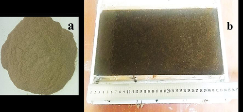 Figure 2. Manufacturing of composite plate by hand lay-up method a) wood particles b) composite plate in the mold.