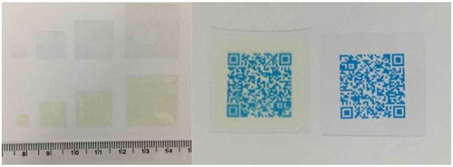 Figure 3. Examples of oromucosal films prepared with printing techniques (left: SSE printed warfarin films (transparent films) and inkjet printed substrates (yellow colorant in warfarin ink), right: QR code printed on substrates (blue placebo ink)).