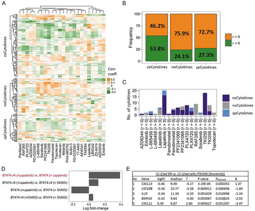 Figure 6. Therapeutic liability of somatic copy number (SCN) alterations of cytokines in human cancers with using the Cancer Cell Line Encyclopedia (CCLE) database. (A) Heat map showing correlations of SCN levels of cytokines (including coCytokines, noCytokines and spCytokines, row) and 50% inhibitory concentration (IC50) values of 24 drugs (column). Each cell represents the Pearson’s product moment correlation coefficient. (B) Percentages of positive and negative correlations of cytokine categories to IC50 values of 24 drugs. Ratios were calculated from significant cytokines in each cancer type. Bars are colored on the basis of the direction of the effect, i.e., orange for positive correlations (r > 0) and green for negative correlations (r < 0). (C) Numbers of cytokines that were significantly correlated with drug sensitivity (false discovery rate [FDR]-adjusted). Bars are colored on the basis of cytokine categories. (D) Validation, average log multiple of change (FC) of 16 coCytokines (associated with the IC50 of lapatinib) in four conditions (y axis). (E) Validation, logFC of five (out of 18) coCytokines differentially expressed in dovitinib (TKI258)-treated LC-2/ad DR compared to dovitinib-treated LC2/ad cells. logFC, estimated logFC corresponding to dovitinib-treated LC-2/ad DR vs. dovitinib-treated LC2/ad cells; AveExpr, average expression across all samples; T, moderated t-statistic; PAdjusted, Benjamini and Hochberg (BH)-adjusted p value; B, log odds.