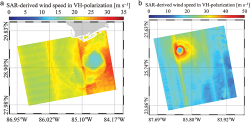 Figure 8. Inverted wind maps from VH-polarized images from S1IW.NR and S1EW.NR, i.e. TC Hermine in Figure 1(a) and TC Michael in Figure 2(a).