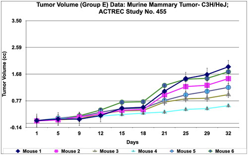 Figure 9. Tumour volume of group E data of Murine mammary Tumour- C3H/HeJ model treated with Prakasine for 32 days. In the group E the tumour volume has increased gradually in all the six animals from 1st day to 32nd day.