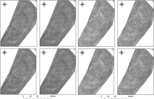 Figure 5. PC1 of Sentinel-2A MSI data after directional filtering into four directions A) 00° (N-S), B) 45° (NE-SW), C) 90° (E-W), and D) 135° (NW-SE), PC1 of ASTER data after directional filtering into four directions A) 00° (N-S), B) 45° (NE-SW), C) 90° (E-W), and D) 135° (NW-SE).