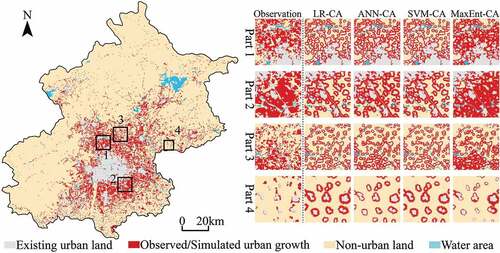 Figure 11. The observed urban growth in Beijing from 2000 to 2020 and the urban growth simulated by LR-CA, ANN-CA, SVM-CA and MaxEnt-CA models.
