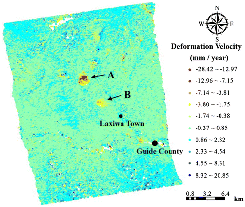 Figure 3. Deformation velocities in the upstream region of the Yellow River.