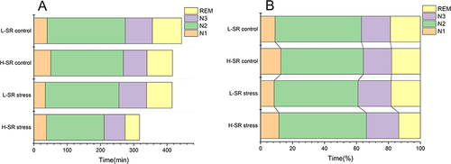 Figure 2 Sleep structure of the four groups; (A) time and (B) percentage.