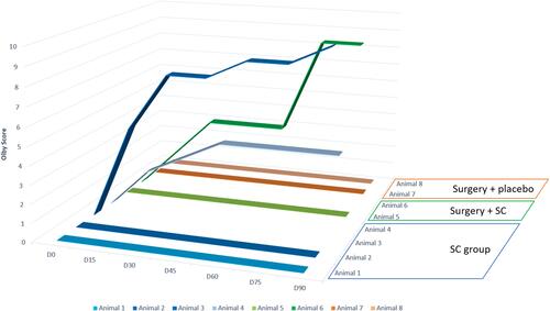 Figure 4 Clinical outcomes. Clinical outcomes of all the animals, were animal 1–4 represents SC group; animal 5–6 are from surgery + SC; and animal 7–8 are surgery + placebo group.