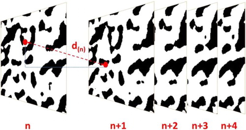 Figure 7. Illustration of the pore centroid method calculation approach which measures the distance d(n) of the centres of mass between two 2D image slices.