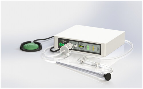 Figure 1. The OpClear system, showing the control unit, foot switch and C-Clip sheath applied to a laparoscope.