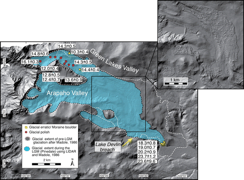 FIGURE 2 Sample sites and ages (Tables 1 and 2) shown on 1 m Digital Elevation Model (DEM) based upon LiDAR data for upper Green Lakes Valley (GLV). The mapped Last Glacial Maximum (LGM) glacier extent (light blue) in the North Boulder Creek drainage is based on CitationMadole (1986) and LiDAR. DEM shows coalescence of ice from Arapaho and GLV tributaries, and the headwaters of Middle Boulder Creek valley to the south (also called 4th of July Valley), in which the deglaciation history was documented by CitationWard et al. (2009). The spatial pattern of 10Be ages is replotted in Figure 5 as a function of distance downvalley. Inset DEM shows the high resolution topography of the LiDAR data emphasizing the distinct boundaries of the lateral moraines.