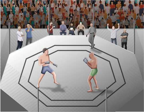 Figure 1. An illustration of the constraints on behaviour making up the “fighter-cage system” (e.g., the fighter and their opponent, the shape of the cage, and the crowd).