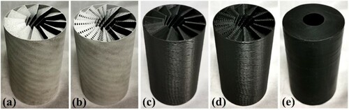 Figure 2. Photographic images of the four 3D printed frameworks and of a pure paraffin-based fuel grain. The (a) type A aluminium (Al-A) (b) type B aluminium (Al-B), (c) type A ABS (ABS-A) and (d) type B ABS (ABS-B) structures. (e) The PP-based fuel grain.