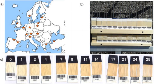 1 Locations of sites where the Round Robin tests were performed a, test set-up for samples during weathering b and change in appearance of the wood samples from day 1 to day 28 in San Michele (Italy) c