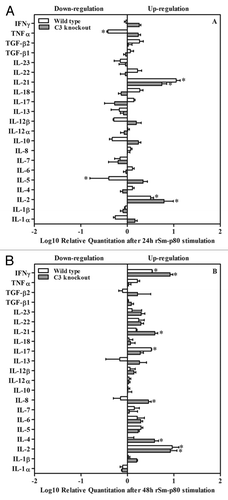 Figure 3. Cytokine mRNA expression assay by RT-PCR. After 24 h or 48 h incubation with rSm-p80, RNA was extracted from stimulated splenocytes and real-time RT-PCR was performed. Relative ratio of mRNA expression was demonstrated in comparison between wild type control group and wild type experimental group after 24 h (A) and 48 h (B) stimulation by rSm-p80. Relative ratios were demonstrated in comparison between complement knockout control group and complement knockout experimental group after 24 h (A) and 48 h (B) stimulation by rSm-p80. The relative cytokine mRNA expression levels were calculated by comparing the differences in the message levels of the control group with the respective experimental group after standardization using glyceraldehyde 3-phosphate dehydrogenase (GAPDH) through DataAssist software V3.0.