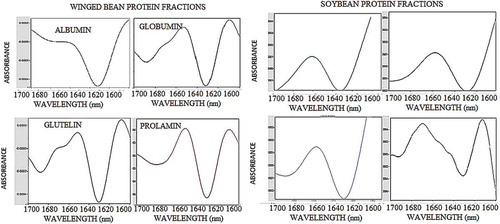 Figure 5. The second derivative function of the amide I absorption region (1600–1700 cm−1) of the winged bean and soybean albumin, globulin, glutelin, and prolamin protein fractions. Spectral region from 4000 to 800 cm−1 was considered for the analysis (this figure) and the amide I region was isolated by truncating the spectrum at 1700 and 1600 cm−1 (Fig. 6) followed by subtraction of the linear baseline to zero the ends of the spectrum.