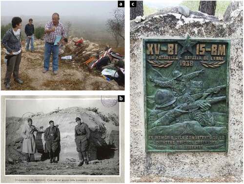 Figure 4. (a) Archaeologists contrasting information with local historians (Lo Riu Association) (Photo: Didpatri-Ub). (b) Italian engineers visiting the fortifications of Raimats after the battle. The group poses in front of pillbox number 2 (AGMA). (C) Monument erected by Didpatri and Lo Riu in memory of the republican combatants (Sculpture by Mar H. Pongiluppi. Photo. Didpatri-UB).