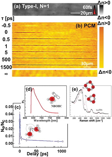 Figure 4. (a) Single shot Bessel-induced positive index changes in bulk fused silica with ultrashort pulses in conditions of moderate focusing (θglass≃8∘). The typical index contrast lies here below 10 −4. (b) Time-resolved sequence of phase contrast images of the excitation area showing the carrier evolution and relaxation. Carrier presence at the front is signaled by light colors (negative index change, due to electronic contribution to the dielectric function) while the subsequent positive index change following structural and electronic relaxation emerges rapidly in the wake of the electrons (dark colors). (c) Ultrafast carrier decay corresponding to type I photoinscription in fused silica. (d) Photoluminescence of NBOHC centers characteristic to type I change. (e) Typical Raman spectrum of type I densified regions in fused silica with representations of structural units for the D1 and D2 features. Data from Ref [Citation46,Citation85].