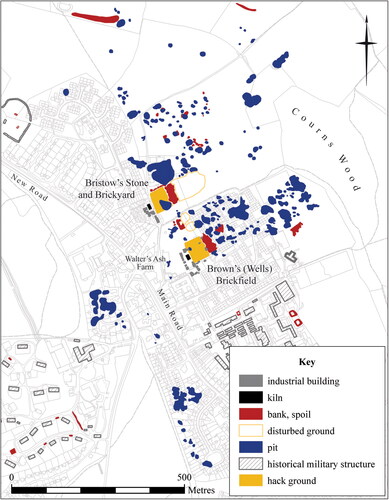 FIG. 7 Transcription from aerial photographs of archaeological features of all dates in the environs of Bristow’s Stone and Brickyard and Brown’s (Wells) Brickfield, Walter’s Ash, Buckinghamshire (includes data derived from EDINA Digimap, Ordnance Survey data © Crown copyright and database rights 2021).