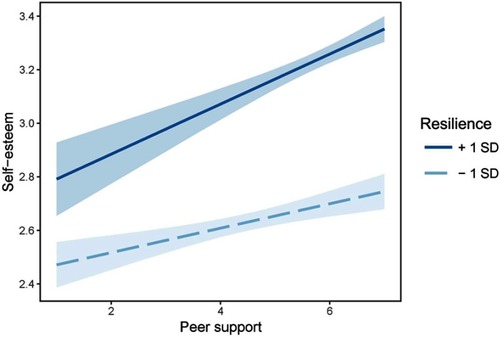 Figure 3 Interactive effect of peer support and resilience on self-esteem. Resilience was divided into two levels based on mean: low = mean – 1 SD, high = mean +1 SD. Light blue bands represent 95% confidence intervals.