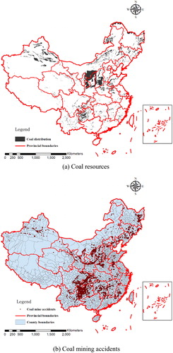 Figure 3. Map to show the spatial distribution of (a) coal resources and (b) coal mining accidents between 2000 and 2015.