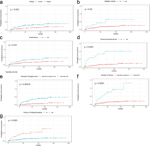 Figure 2 Kaplan–Meier curves comparing time-to-recurrence. (a) tumor margin (p=0.023), (b) presence of satellite nodules (p=0.02), (c) presence of small lesions (p=0.031), (d) peritumoral enhancement (p<0.001), (e) diameter of largest tumor (p<0.001), (f) number of tumors (p<0.001), (g) history of bridging therapies (p<0.001).