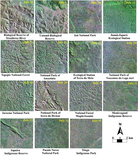 Figure 3. SuperDove true-color composites obtained in July 2022 for each one of the 15 sites located in the Brazilian Amazon. The composites used the bands 6 (650–680 nm), 4 (547–583 nm), and 2 (465–515 nm) in red, green and blue colors, respectively.