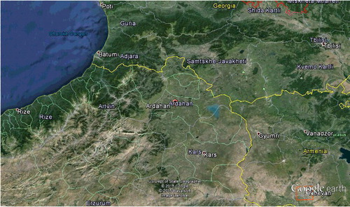 Figure 1. Location of the Ardahan region. Map data: US Dept of State Geographer © 2015 Google © 2015 Basarsoft Image Landsat.
